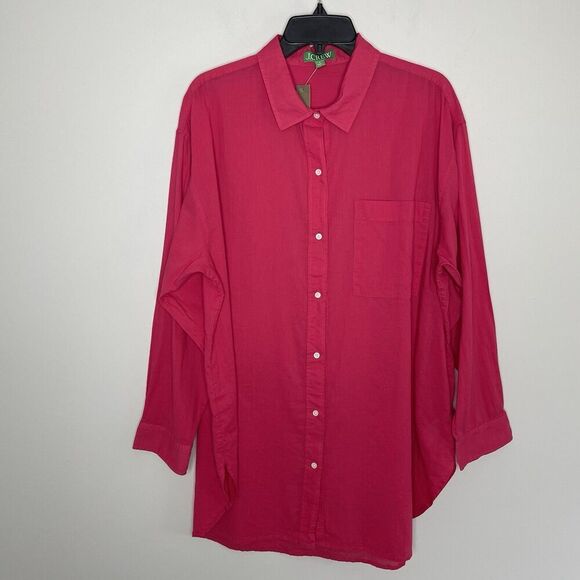 J.CREW Button Up Beach Shirt Women Large Cotton Voile Fuchsia Pink Relaxed BX621 - Picture 1 of 14